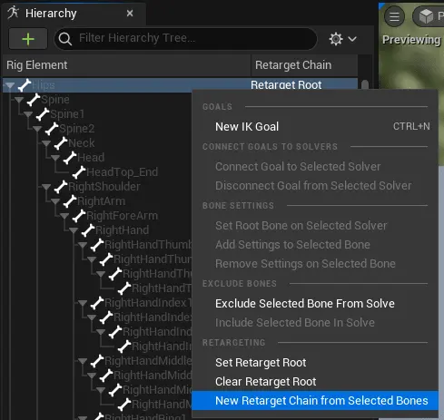 New Retarget Chain from Selected Bones